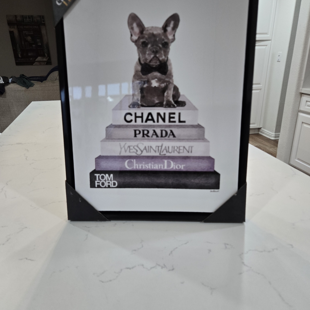 Luxury French Bulldog On Top Of Chanel, DIOR AND PRADA BOOKS Picture Frame.16X20